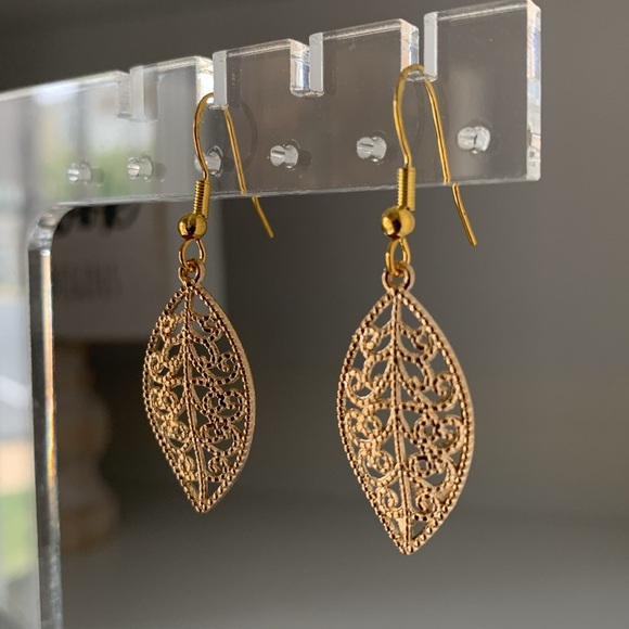Gold Dangle Fall Leaf Earrings - Picture 7 of 8
